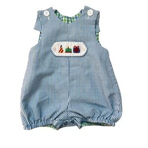 Handmade Reversible Striped & Plaid Baby Bubble Romper with Reversible Patch